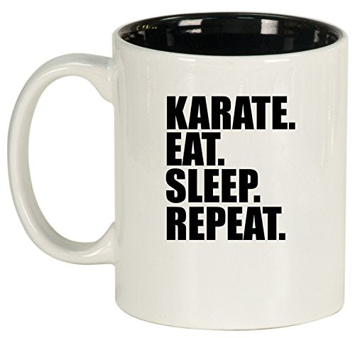 Ceramic Coffee Tea Mug Cup Karate Eat Sleep Repeat (White)