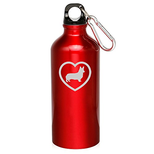 20oz Aluminum Sports Water Bottle Caribiner Clip Corgi Heart (Red)