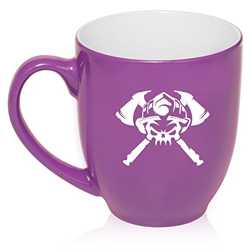 16 oz Large Bistro Mug Ceramic Coffee Tea Glass Cup Firefighter Skull (Purple)