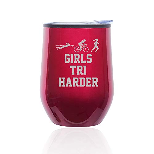 Stemless Wine Tumbler Coffee Travel Mug Glass With Lid Triathlon Girls Tri Harder Swim Bike Run (Fuchsia)