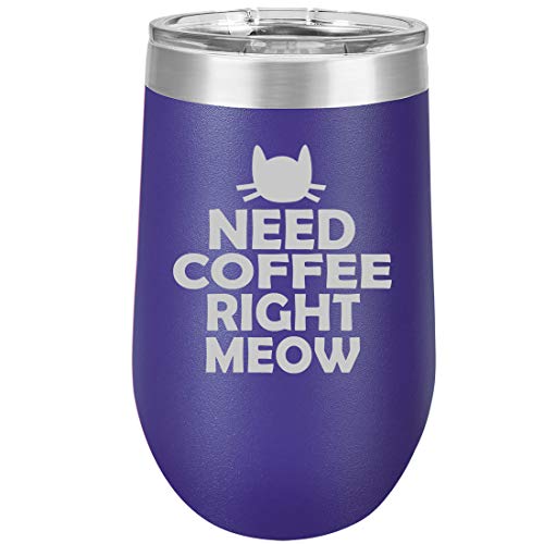 16 oz Double Wall Vacuum Insulated Stainless Steel Stemless Wine Tumbler Glass Coffee Travel Mug With Lid Cat Need Coffee Right Meow (Purple)