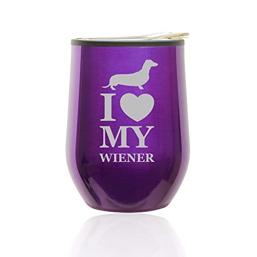 Stemless Wine Tumbler Coffee Travel Mug Glass With Lid I Love My Wiener Dachshund (Royal Purple)