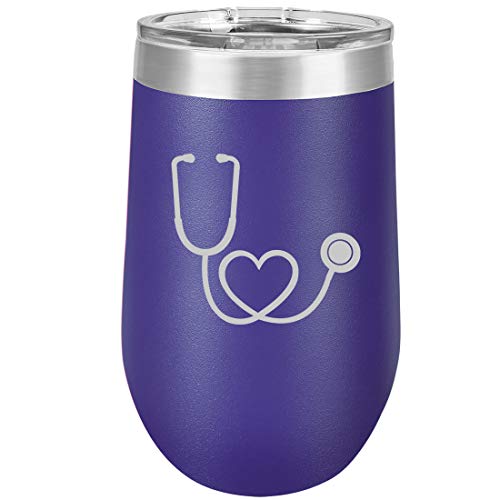 16 oz Double Wall Vacuum Insulated Stainless Steel Stemless Wine Tumbler Glass Coffee Travel Mug With Lid Heart Stethoscope Nurse Doctor (Purple)