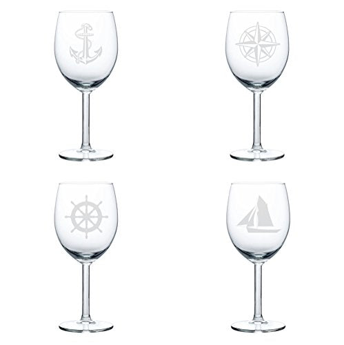 Set of 4 Wine Glass Goblet Anchor Boat Compass Nautical Collection (10 oz)