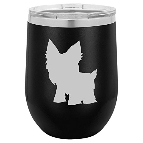 12 oz Double Wall Vacuum Insulated Stainless Steel Stemless Wine Tumbler Glass Coffee Travel Mug With Lid Yorkie (Black)