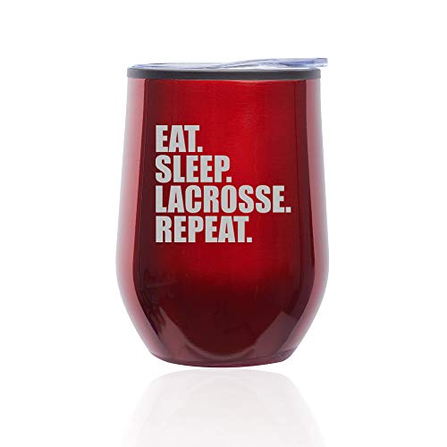 Stemless Wine Tumbler Coffee Travel Mug Glass With Lid Eat Sleep Lacrosse Repeat (Red)