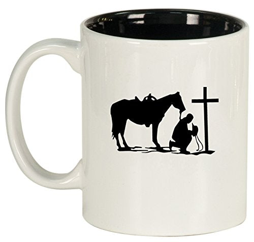 Ceramic Coffee Tea Mug Cup Cowboy Praying Cross Horse (White)
