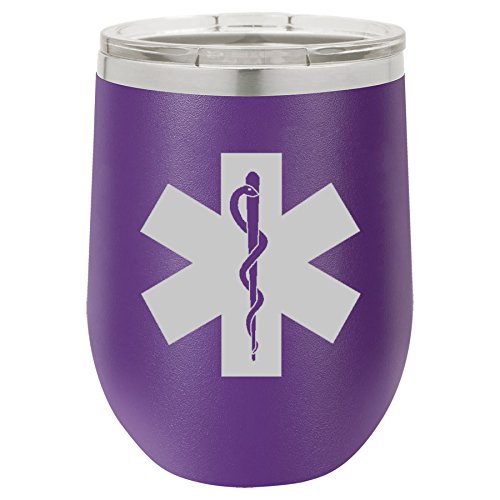 12 oz Double Wall Vacuum Insulated Stainless Steel Stemless Wine Tumbler Glass Coffee Travel Mug With Lid Star Of Life EMT Paramedic (Purple)