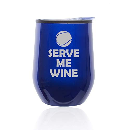 Stemless Wine Tumbler Coffee Travel Mug Glass With Lid Tennis Serve Me Wine (Blue)