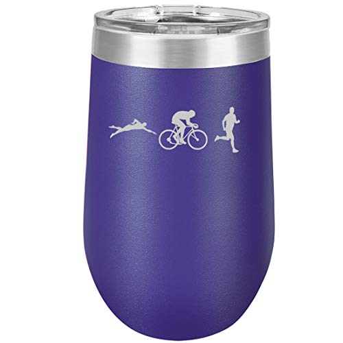 16 oz Double Wall Vacuum Insulated Stainless Steel Stemless Wine Tumbler Glass Coffee Travel Mug With Lid Iron Athlete Swim Bike Run Triathlon (Purple)