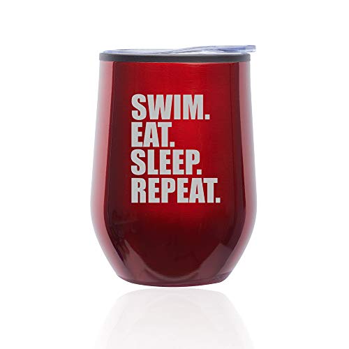 Stemless Wine Tumbler Coffee Travel Mug Glass With Lid Swim Eat Sleep Repeat (Red)