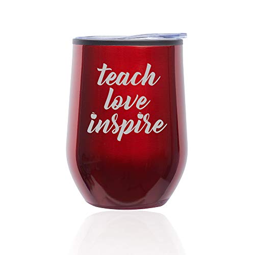 Stemless Wine Tumbler Coffee Travel Mug Glass With Lid Teach Love Inspire Teacher (Red)