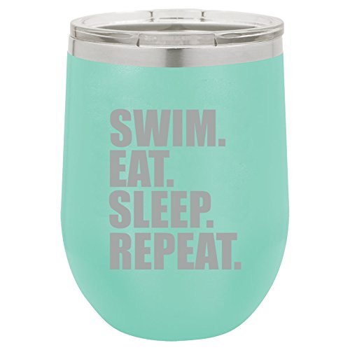 12 oz Double Wall Vacuum Insulated Stainless Steel Stemless Wine Tumbler Glass Coffee Travel Mug With Lid Swim Eat Sleep Repeat (Teal)