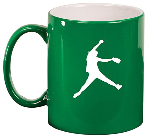 Ceramic Coffee Tea Mug Cup Female Softball Pitcher (Green)