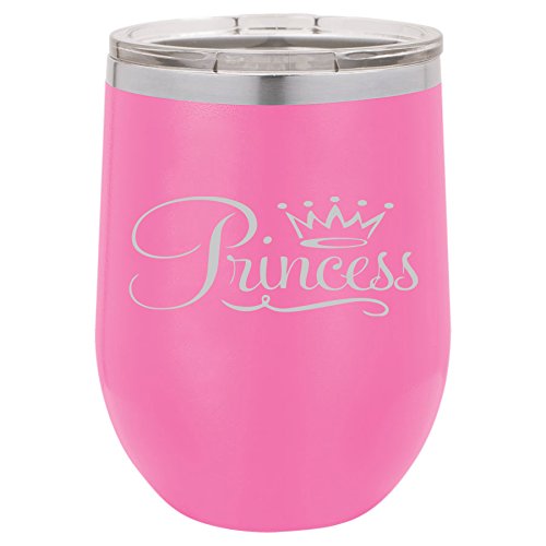 12 oz Double Wall Vacuum Insulated Stainless Steel Stemless Wine Tumbler Glass Coffee Travel Mug With Lid Princess Fancy (Hot-Pink)