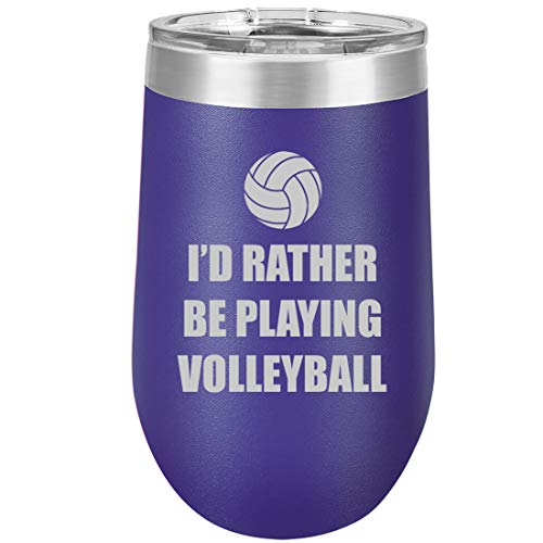 16 oz Double Wall Vacuum Insulated Stainless Steel Stemless Wine Tumbler Glass Coffee Travel Mug With Lid I'd Rather Be Playing Voleyball (Purple)