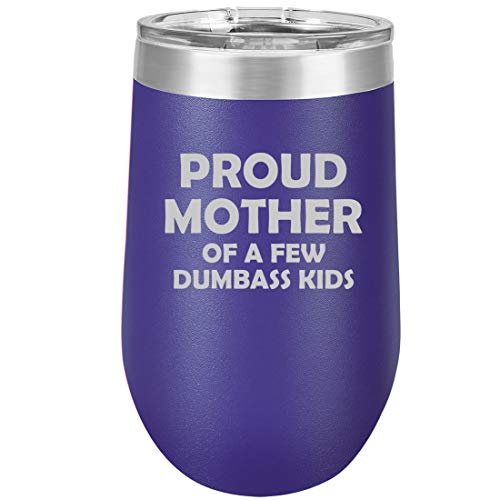 16 oz Double Wall Vacuum Insulated Stainless Steel Stemless Wine Tumbler Glass Coffee Travel Mug With Lid Proud Mother Of A Few Kids Funny Mom (Purple)