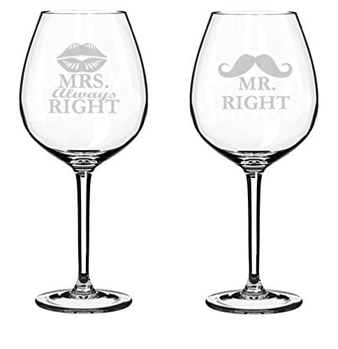 Set of 2 Wine Glasses Funny Wedding Married Couple Mr. Right Mrs. Always Right (20 oz Jumbo)