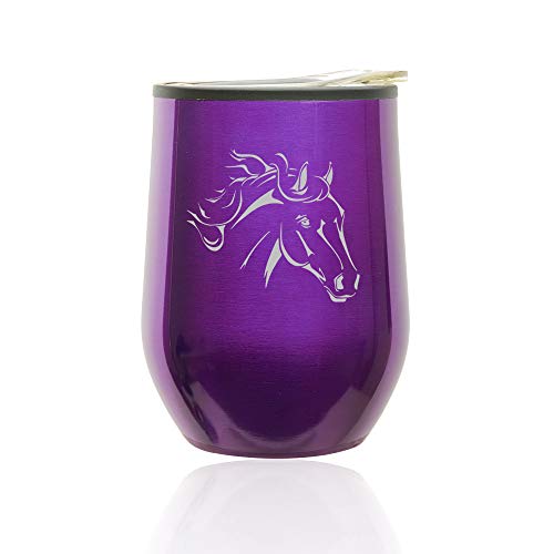 Stemless Wine Tumbler Coffee Travel Mug Glass With Lid Horse Head (Royal Purple)