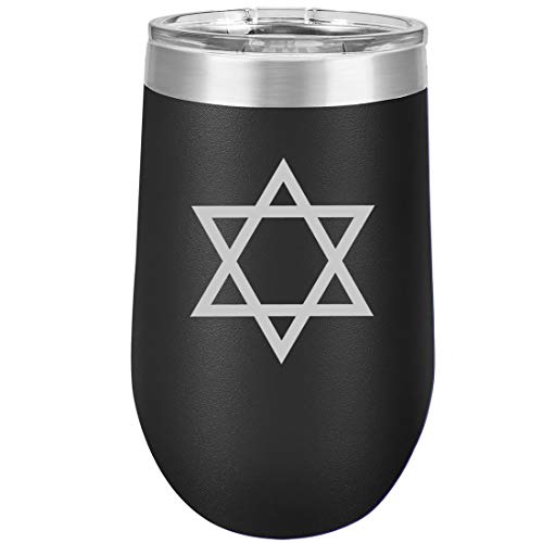 16 oz Double Wall Vacuum Insulated Stainless Steel Stemless Wine Tumbler Glass Coffee Travel Mug With Lid Jewish Star Of David (Black)