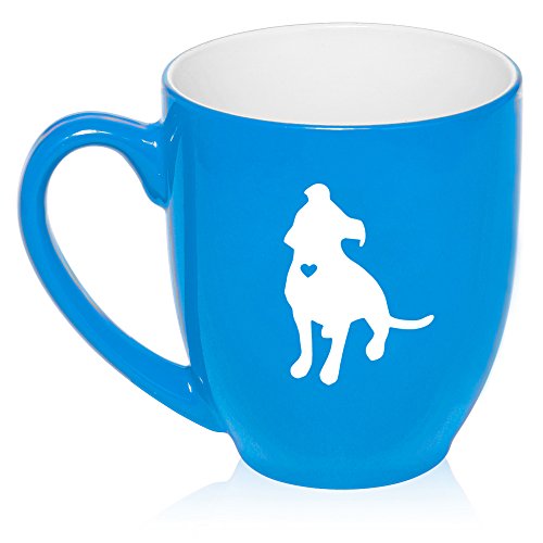 16 oz Large Bistro Mug Ceramic Coffee Tea Glass Cup Cute Pitbull With Heart (Light Blue)