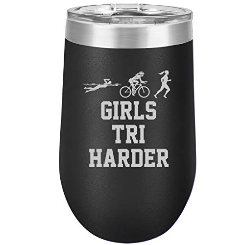 16 oz Double Wall Vacuum Insulated Stainless Steel Stemless Wine Tumbler Glass Coffee Travel Mug With Lid Triathlon Girls Tri Harder Swim Bike Run (Black)