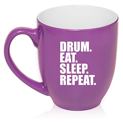 16 oz Large Bistro Mug Ceramic Coffee Tea Glass Cup Drum Eat Sleep Repeat (Purple)