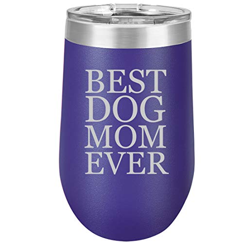 16 oz Double Wall Vacuum Insulated Stainless Steel Stemless Wine Tumbler Glass Coffee Travel Mug With Lid Best Dog Mom Ever (Purple)