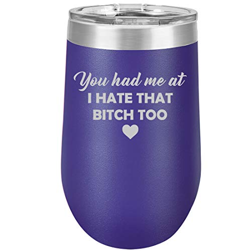 16 oz Double Wall Vacuum Insulated Stainless Steel Stemless Wine Tumbler Glass Coffee Travel Mug With Lid You Had Me At I Hate That Btch Too Funny Friend (Purple)