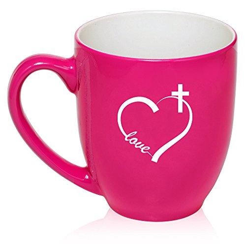 16 oz Large Bistro Mug Ceramic Coffee Tea Glass Cup Love Heart Cross Christian (Hot Pink)