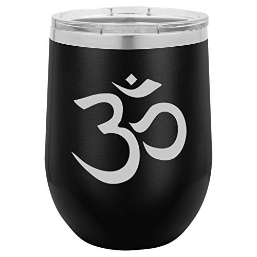 12 oz Double Wall Vacuum Insulated Stainless Steel Stemless Wine Tumbler Glass Coffee Travel Mug With Lid Yoga Symbol (Black)
