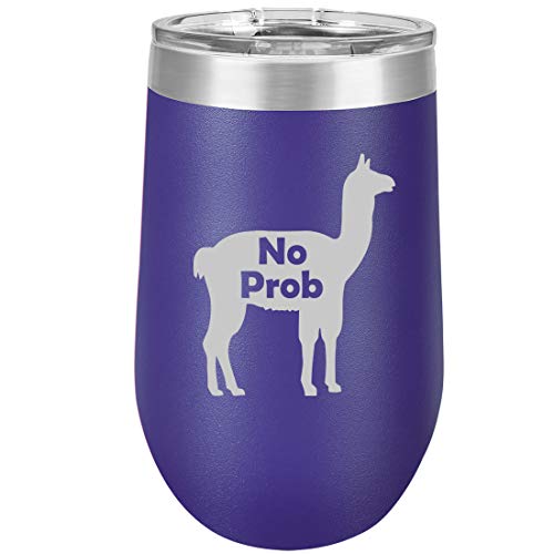 16 oz Double Wall Vacuum Insulated Stainless Steel Stemless Wine Tumbler Glass Coffee Travel Mug With Lid No Prob Llama Funny (Purple)