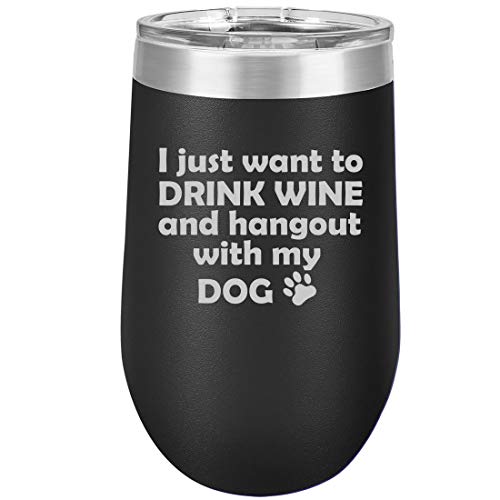 16 oz Double Wall Vacuum Insulated Stainless Steel Stemless Wine Tumbler Glass Coffee Travel Mug With Lid Drink Wine And Hang Out With Dog (Black)