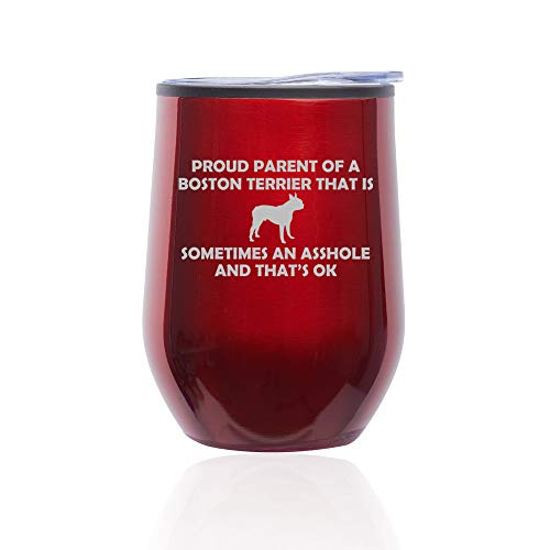 Stemless Wine Tumbler Coffee Travel Mug Glass With Lid Proud Parent Boston Terrier (Red)