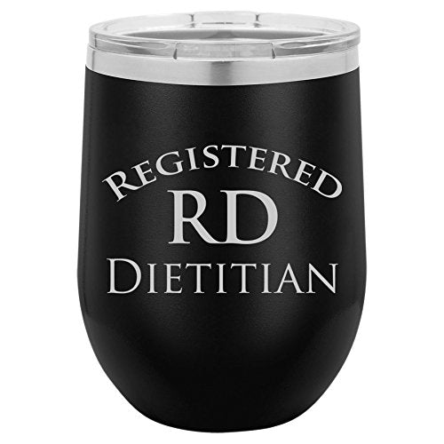 12 oz Double Wall Vacuum Insulated Stainless Steel Stemless Wine Tumbler Glass Coffee Travel Mug With Lid RD Registered Dietitian (Black)