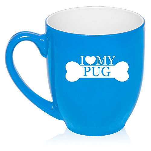 16 oz Large Bistro Mug Ceramic Coffee Tea Glass Cup I Love My Pug (Light Blue)