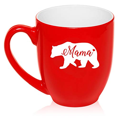 16 oz Large Bistro Mug Ceramic Coffee Tea Glass Cup Mama Bear Mom Mother (Red)