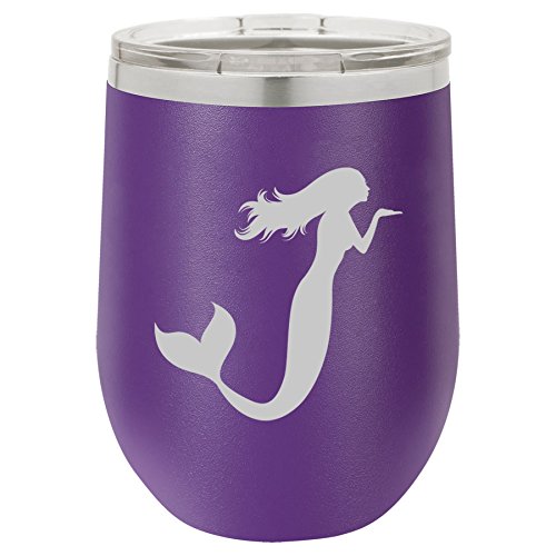 12 oz Double Wall Vacuum Insulated Stainless Steel Stemless Wine Tumbler Glass Coffee Travel Mug With Lid Mermaid (Purple)