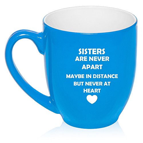 16 oz Large Bistro Mug Ceramic Coffee Tea Glass Cup Sisters Long Distance Love (Light Blue)