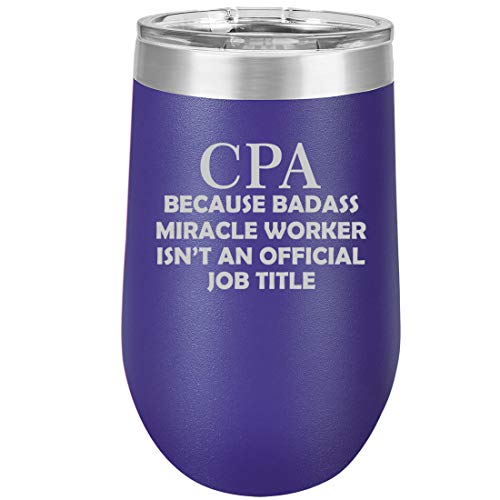 16 oz Double Wall Vacuum Insulated Stainless Steel Stemless Wine Tumbler Glass Coffee Travel Mug With Lid CPA Accountant Miracle Worker Job Title Funny (Purple)