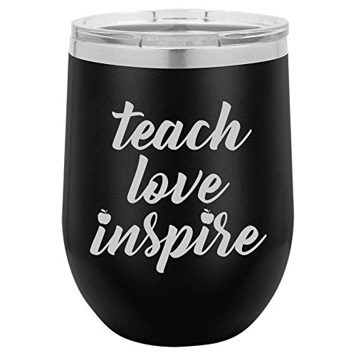 12 oz Double Wall Vacuum Insulated Stainless Steel Stemless Wine Tumbler Glass Coffee Travel Mug With Lid Teach Love Inspire Teacher (Black)