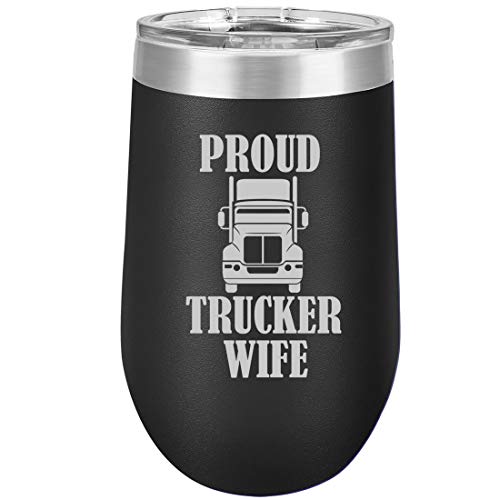 16 oz Double Wall Vacuum Insulated Stainless Steel Stemless Wine Tumbler Glass Coffee Travel Mug With Lid Proud Trucker Wife (Black)