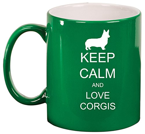 Ceramic Coffee Tea Mug Cup Keep Calm and Love Corgis (Green)