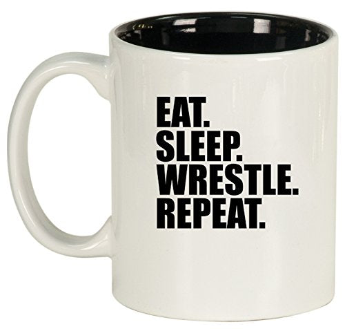 Ceramic Coffee Tea Mug Cup Eat Sleep Wrestle Repeat (White)