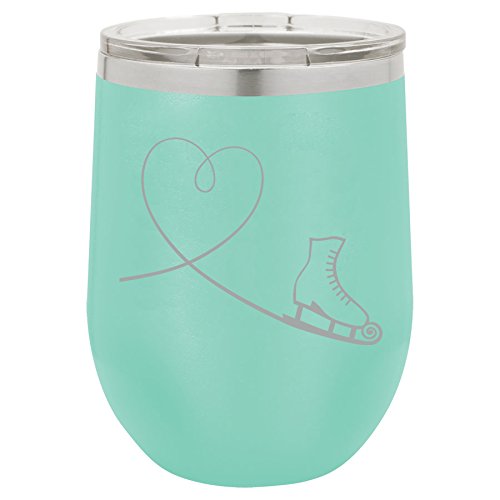 12 oz Double Wall Vacuum Insulated Stainless Steel Stemless Wine Tumbler Glass Coffee Travel Mug With Lid Heart Love Ice Skating (Teal)
