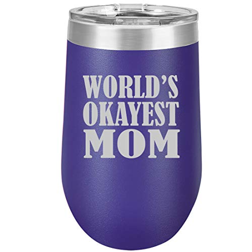 16 oz Double Wall Vacuum Insulated Stainless Steel Stemless Wine Tumbler Glass Coffee Travel Mug With Lid World's Okayest Mom (Purple)