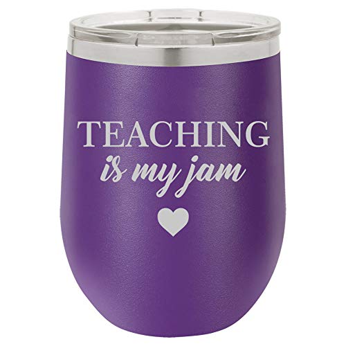 12 oz Double Wall Vacuum Insulated Stainless Steel Stemless Wine Tumbler Glass Coffee Travel Mug With Lid Teaching Is My Jam Teacher (Purple)