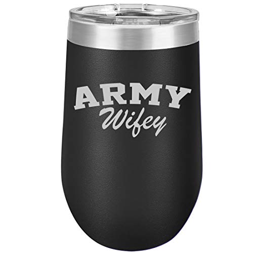 16 oz Double Wall Vacuum Insulated Stainless Steel Stemless Wine Tumbler Glass Coffee Travel Mug With Lid Army Wifey (Black)