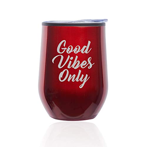 Stemless Wine Tumbler Coffee Travel Mug Glass With Lid Good Vibes Only (Red)