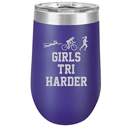 16 oz Double Wall Vacuum Insulated Stainless Steel Stemless Wine Tumbler Glass Coffee Travel Mug With Lid Triathlon Girls Tri Harder Swim Bike Run (Purple)